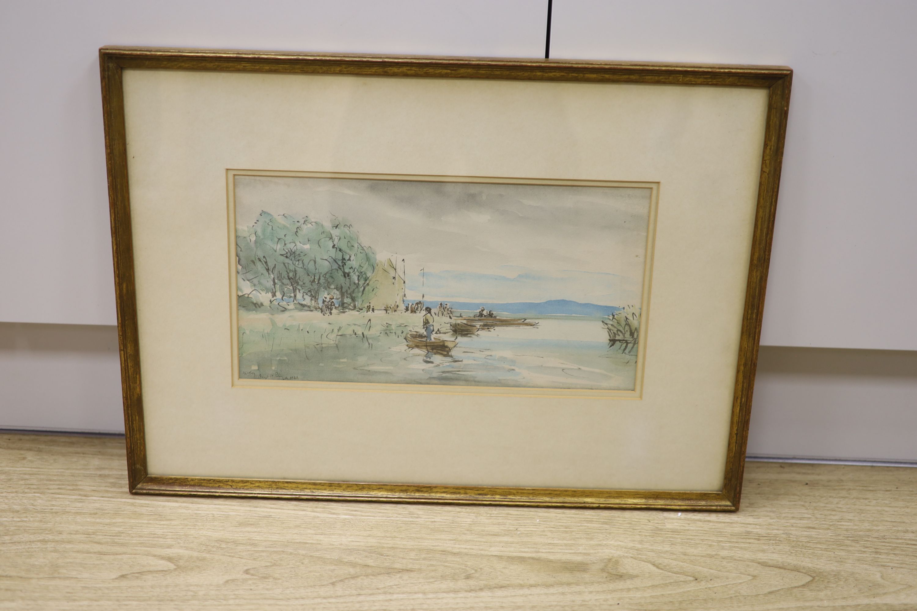 James McBey (1883-1959), watercolour, The Broads at Burgh St Peter, signed, titled and dated July 1920, artist label verso for J. Bennett & Sons and copy of Bonhams sale receipt Lot 238 October 2005, hammer price £750, 1